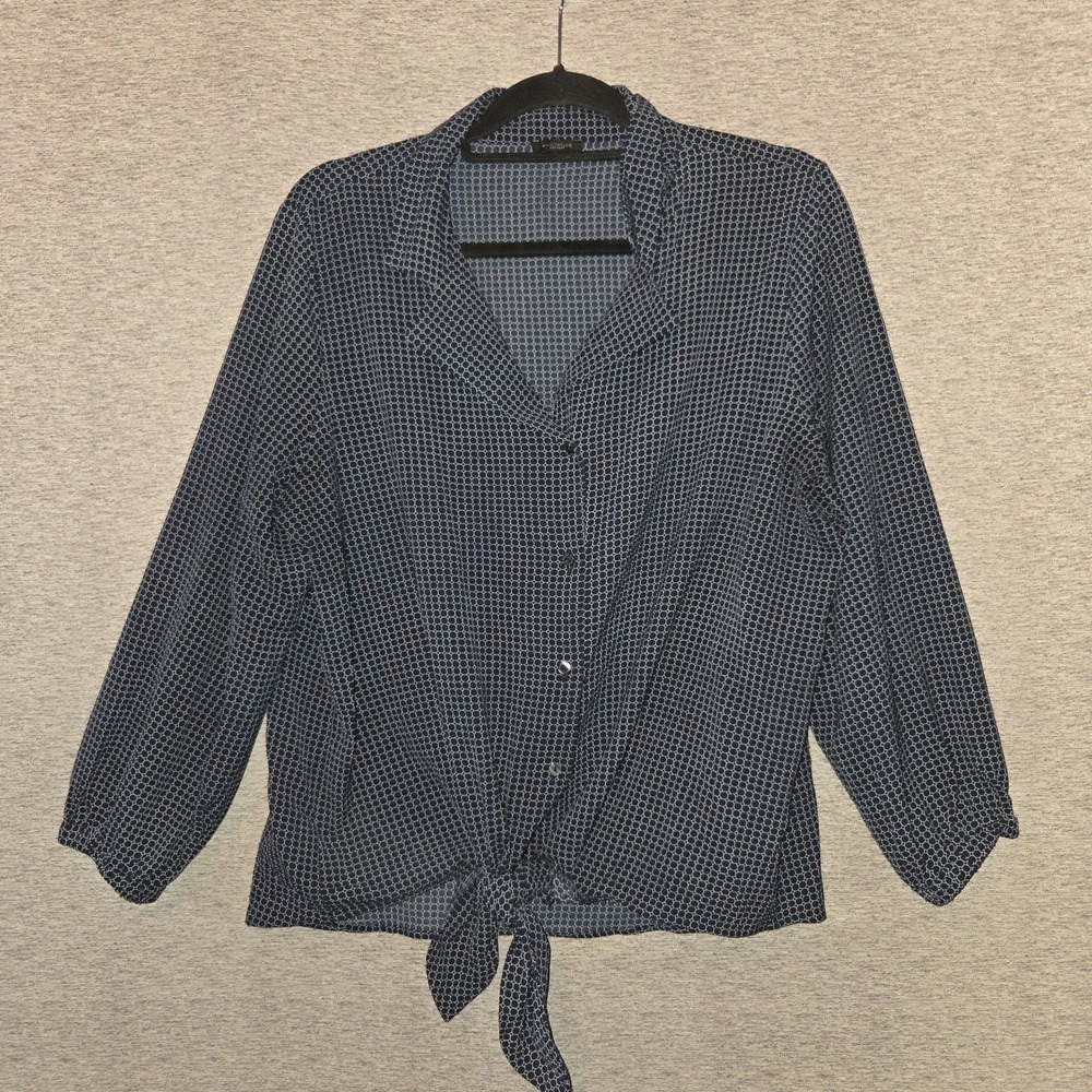 Ann Taylor Factory Blouse Womens Large Navy Long Sleeve Tie Front Top Stretch